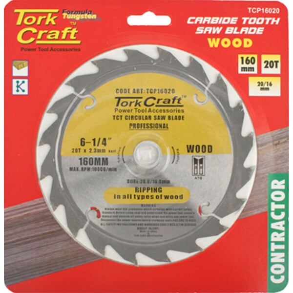Tork Craft 160mm Carbide Tooth Saw Blade - 20T Wood Cutting Blade for Contractor Use