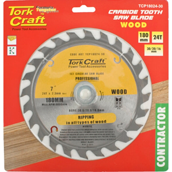 Tork Craft 180mm Carbide Tooth Saw Blade 24T Wood Cutting | Contractor Grade