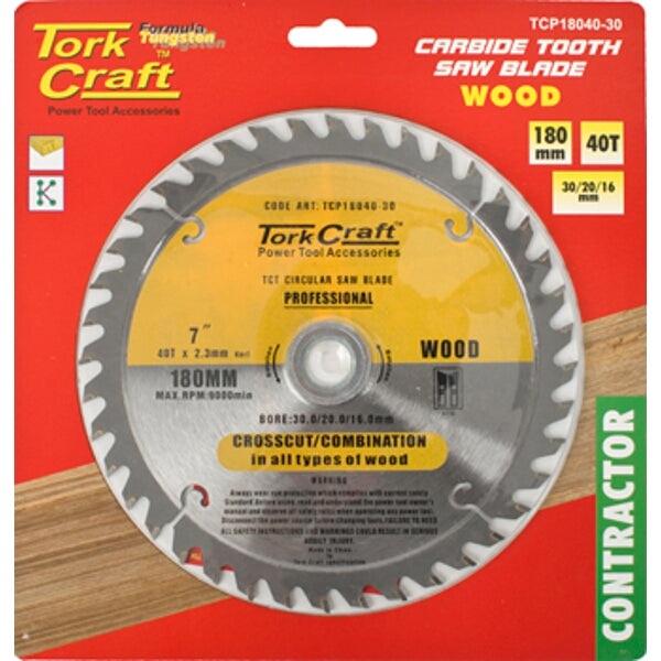 Tork Craft 180mm Carbide Saw Blade 40T Wood Contractor - 30/20/16mm Bore