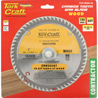 Tork Craft 180mm 60T Carbide Tooth Wood Saw Blade - Crosscut. Circular Saw Blade for Woodworking