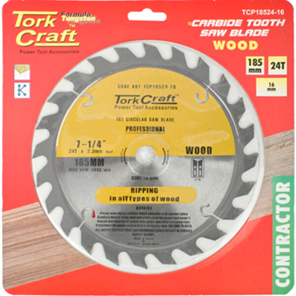 Tork Craft 185mm Carbide Wood Saw Blade 24T - Professional Circular Saw for Ripping Wood, 16mm Bore