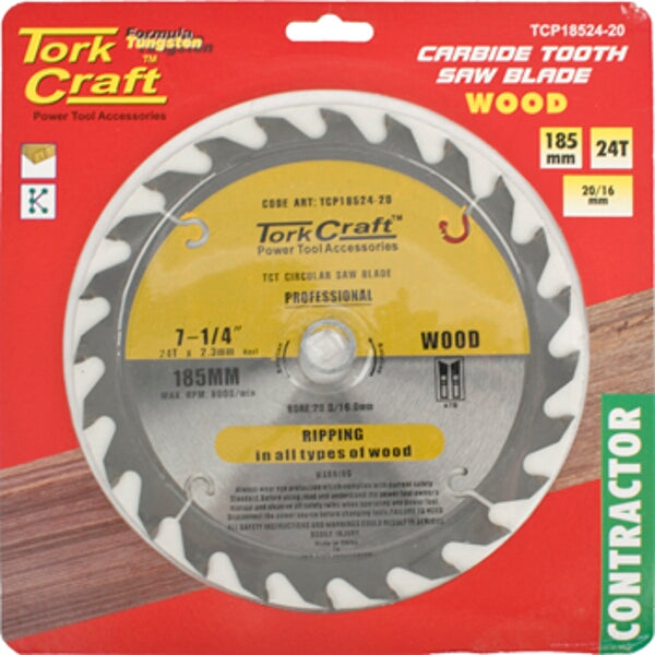 TorkCraft 185mm Carbide Tooth Circular Saw Blade 24T for Wood - Professional Woodworking Saw Blade
