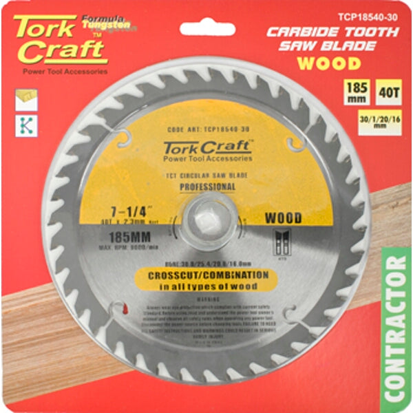 Tork Craft Carbide Tooth Saw Blade - 185mm 40T Wood Cutting - Crosscut/Combination