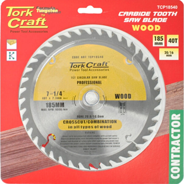 Tork Craft Carbide Tooth Saw Blade - 185mm, 40T, Wood Cutting - Contractor Grade
