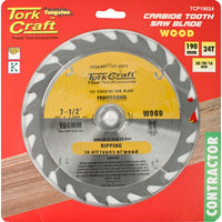 Tork Craft 190mm 24T Carbide Tooth Saw Blade - Wood Cutting, Contractor Grade