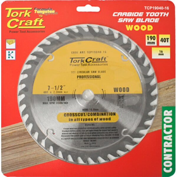 Tork Craft 190mm Carbide Saw Blade 40T - Wood Cutting Circular Blade for Contractors