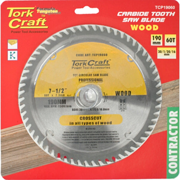 Tork Craft 7-1/2" Carbide Wood Saw Blade 190mm 60T. Contractor Grade Circular Saw Blade.