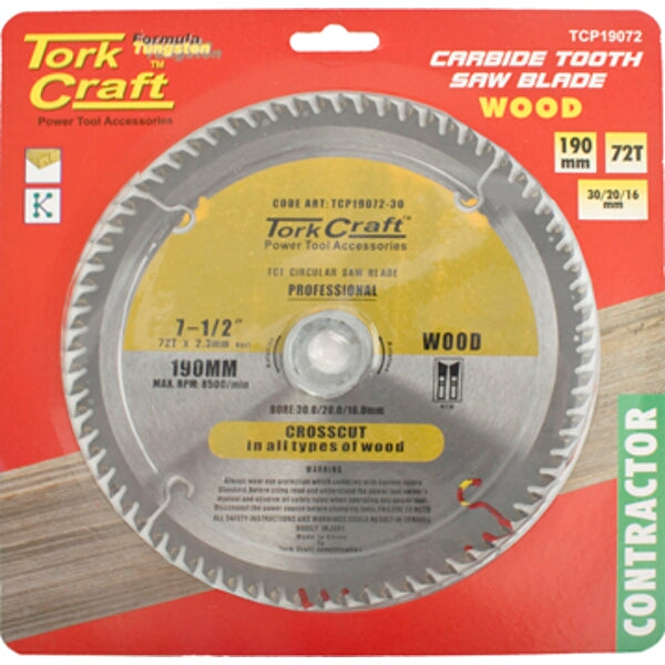 TorkCraft 190mm 72T Carbide Tooth Saw Blade - Wood Cutting Crosscut Blade for Contractor - Power Tool Accessory