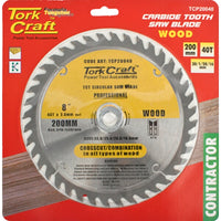 Tork Craft 200mm 40T Carbide Tooth Saw Blade for Woodworking - Contractor Grade