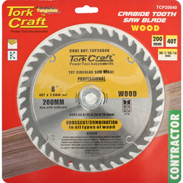 Tork Craft 200mm 40T Carbide Tooth Saw Blade for Woodworking - Contractor Grade