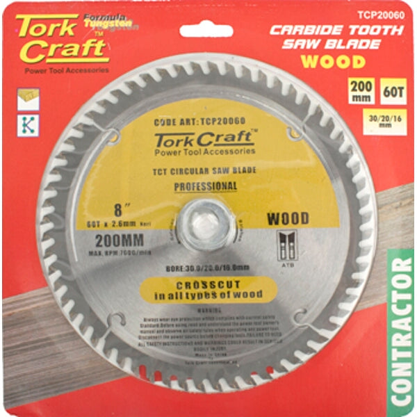 Tork Craft 200mm 60T Carbide Wood Saw Blade Contractor | Circular Saw Blade for Wood Cutting