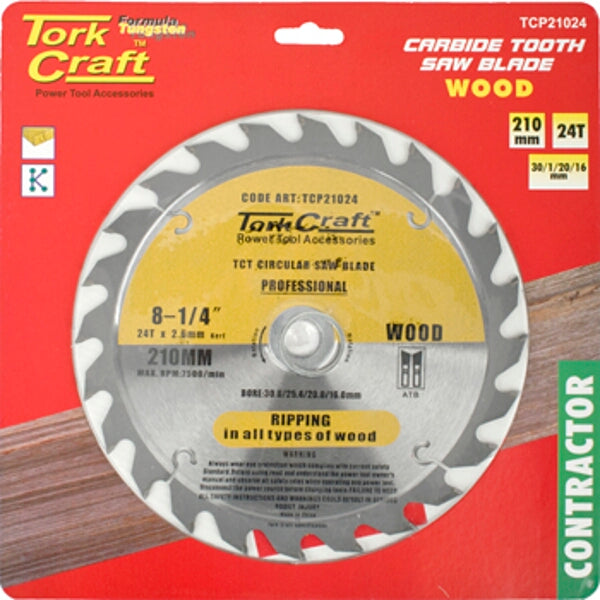 Tork Craft Carbide Tooth Saw Blade for Wood - 210mm, 24T - Circular Saw Blade for Ripping