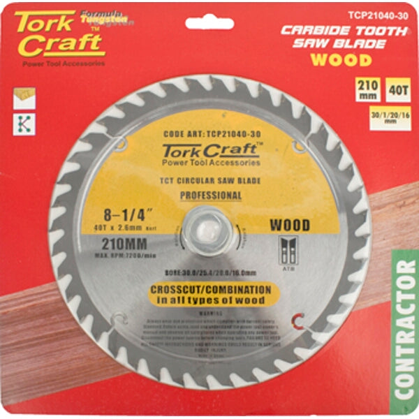 Tork Craft 210mm 40T Carbide Wood Saw Blade - Contractor Grade
