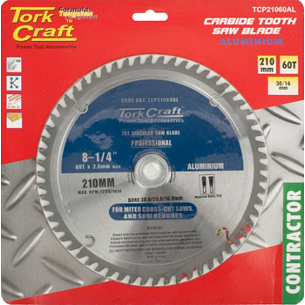 TorkCraft 210mm Aluminum Cutting Carbide Saw Blade, 60T, 30/16mm Bore - Miter/Bench Saw Blade