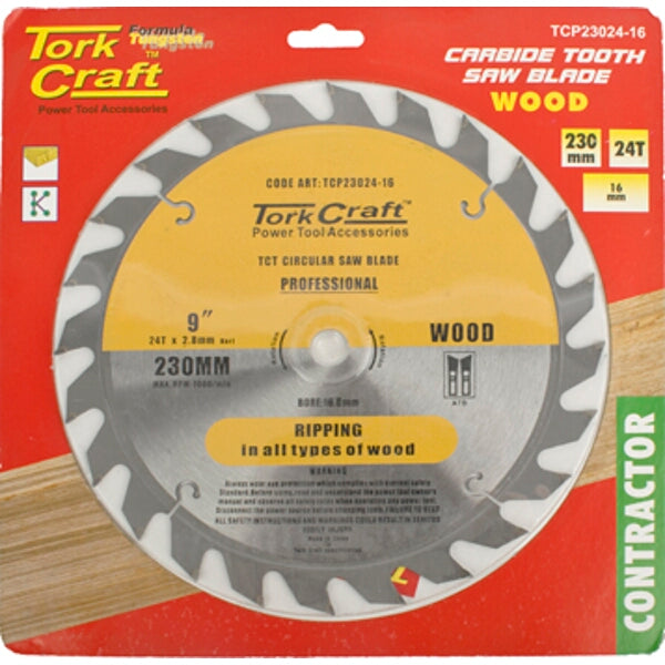 Tork Craft 230mm Carbide Tooth Saw Blade - 9 inch, 24T Wood Cutting Circular Saw Blade for Contractor