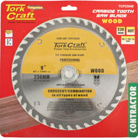 Tork Craft 230mm 40T Carbide Tooth Saw Blade for Wood - Crosscut/Combination | Contractor Grade