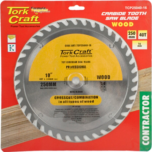 Tork Craft 250mm 40T Carbide Tooth Wood Saw Blade - Circular Saw Blade for Woodworking, Contractor Grade