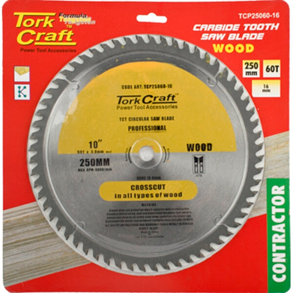 Tork Craft 250mm Carbide Tooth Saw Blade - 60T - Wood Cutting Contractor Circular Saw Blade
