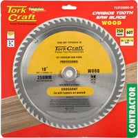 Tork Craft 250mm 60T Carbide Wood Saw Blade - Contractor Grade for Crosscuts