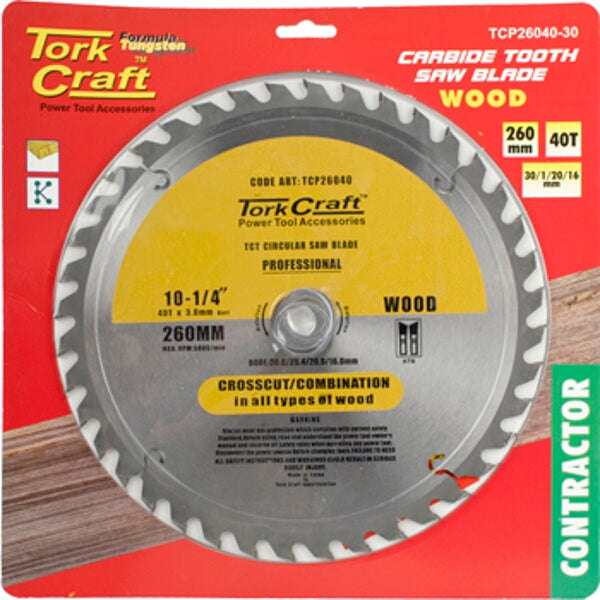 Tork Craft 260mm 40T Carbide Tooth Circular Saw Blade - Wood Cutting, Contractor Grade