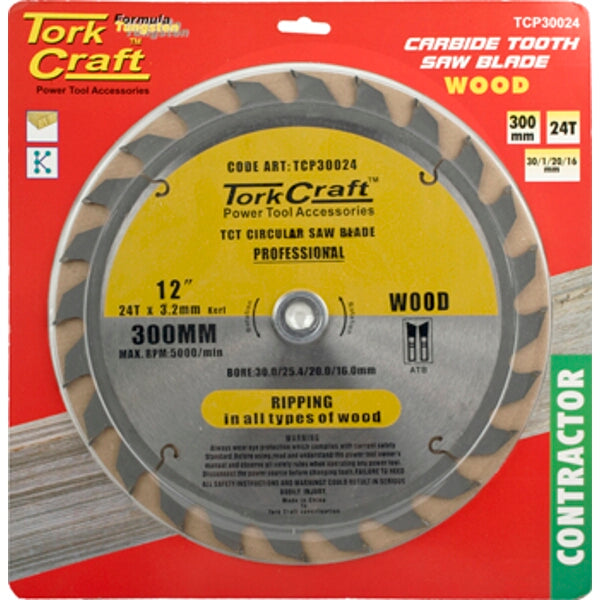 Tork Craft Carbide Tooth Wood Saw Blade 300mm 24T - Contractor Circular Saw