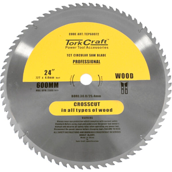TorkCraft 600mm Circular Saw Blade - 72T TCT Wood Cutting Blade - Crosscut & Rip