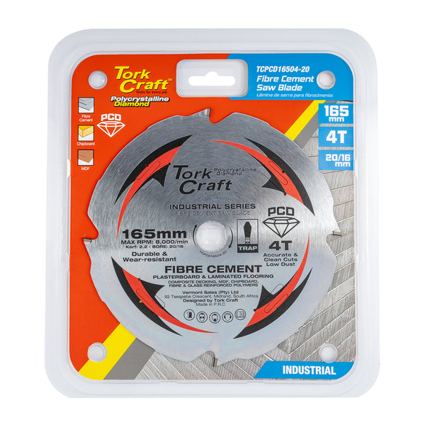 Tork Craft Pcd Saw Blade 165 Mm X 4 T X20/16 Mm Fibre Cem. Mdf Chipboard Tcpcd16504 20