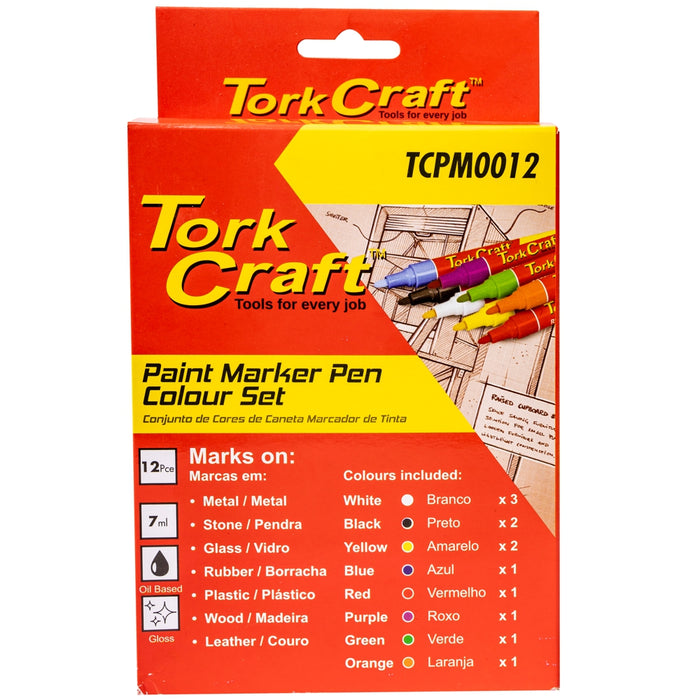 Tork Craft Paint Marker Pen 12 Pk Red/Yel/White/Black/Blue/Green/Purple/Orange Tcpm0012