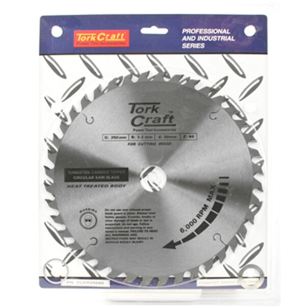 Tork Craft 250mm TCT Circular Saw Blade - 40 Tooth Tungsten Carbide Tip, 6000 RPM - Wood Cutting