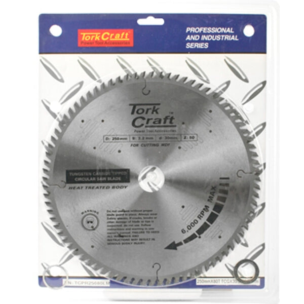 Tork Craft 250mm TCT Circular Saw Blade for MDF Cutting - 80 Tooth Tungsten Carbide Tipped Blade