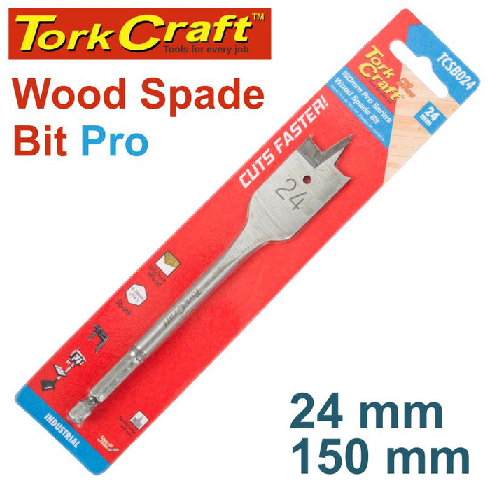 TorkCraft Wood Spade Bit Pro 24mm x 150mm: Wood Boring Tool for Hardwood, Softwood, Chipboard, and MDF - Shop now!
