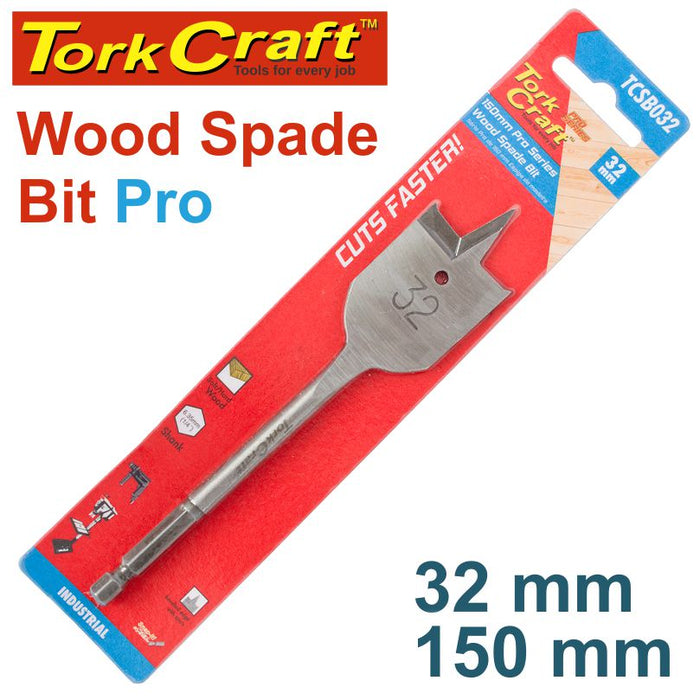 Tork Craft 32mm Wood Spade Bit Pro Series: 150mm Length, Fast Cutting, Industrial Quality