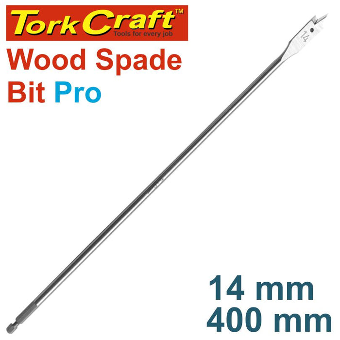 Tork Craft Wood Spade Drill Bit Pro 14mm x 400mm. High Carbon Steel for Wood Boring, Paddle/Butterfly Bit