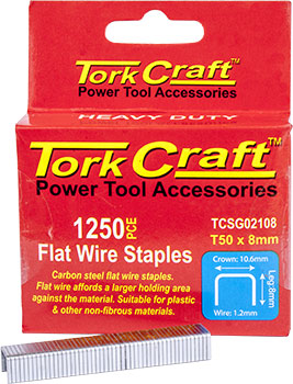 Tork Craft Flat Wire Staples 1250pc - T50 8mm Heavy Duty - Power Tool Accessory