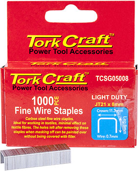 Tork Craft Staples JT21 8mm Fine Wire Light Duty - 1000 Count - Power Tool Accessories, Upholstery, Textiles, Fasteners