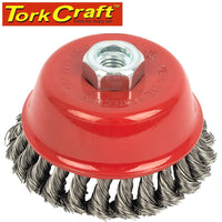 TorkCraft 100mm Knotted Stainless Steel Wire Cup Brush M14. Heavy-duty abrasive tool.