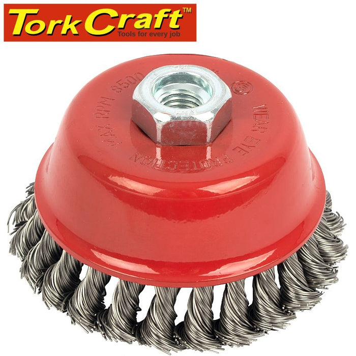 TorkCraft 100mm Knotted Stainless Steel Wire Cup Brush M14. Heavy-duty abrasive tool.