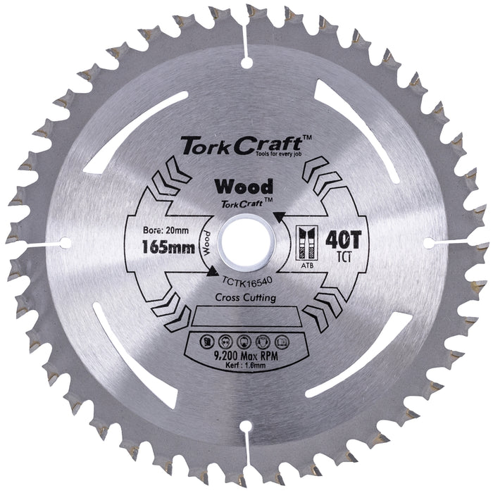Tork Craft 165mm TCT Saw Blade 40T Wood Thin Kerf. 165x1.6x20mm. Cross Cutting Wood Saw Blade