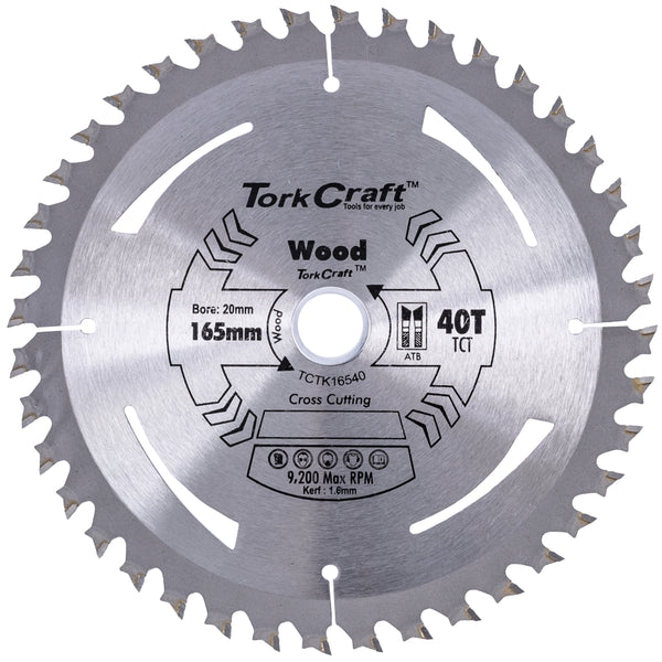 Tork Craft 165mm TCT Saw Blade 40T Wood Thin Kerf. 165x1.6x20mm. Cross Cutting Wood Saw Blade