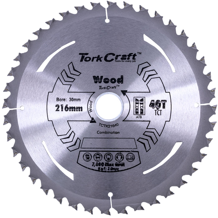 Tork Craft 216mm Wood Saw Blade, 40 Teeth TCT, Thin Kerf. Circular Saw for Woodworking. Power Tool Blade