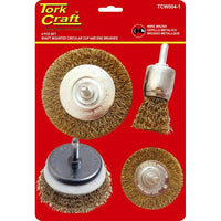 Tork Craft 4-Piece Wire Brush Set - Shaft Mounted Circular, Cup & End Brushes for Power Tools - Metal Cleaning, Rust Removal