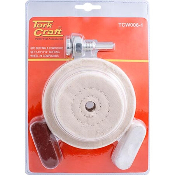 Tork Craft Buffing Wheel Set: 6PC Polishing Kit with Compound - 65mm, 75mm, 100mm Drill Attachment
