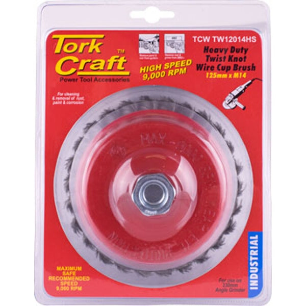 Tork Craft Wire Cup Brush 125mm M14 - Heavy Duty Twist Knot, 9000 RPM. Angle Grinder Attachment for Cleaning & Rust Removal