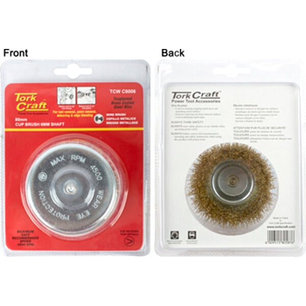 Tork Craft 80mm Wire Cup Brush - 6mm Shaft - Metal Cleaning, Rust Removal Tool