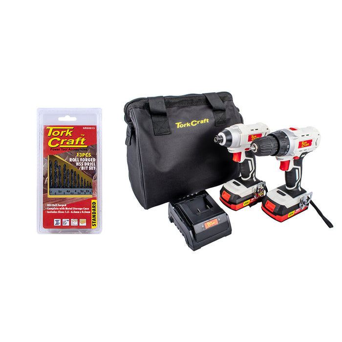 Tork Craft TC20002 Drill & Impact Driver Combo w/ Drill Bit Set NR00013, Battery Charger, & Tool Bag. Power Tool Set.