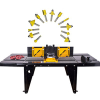 Router Table with Adjustable Fence and 12-Piece Router Bit Set. Yellow Woodworking Tool for Precise Shaping.