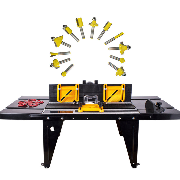 Router Table with Adjustable Fence and 12-Piece Router Bit Set. Yellow Woodworking Tool for Precise Shaping.