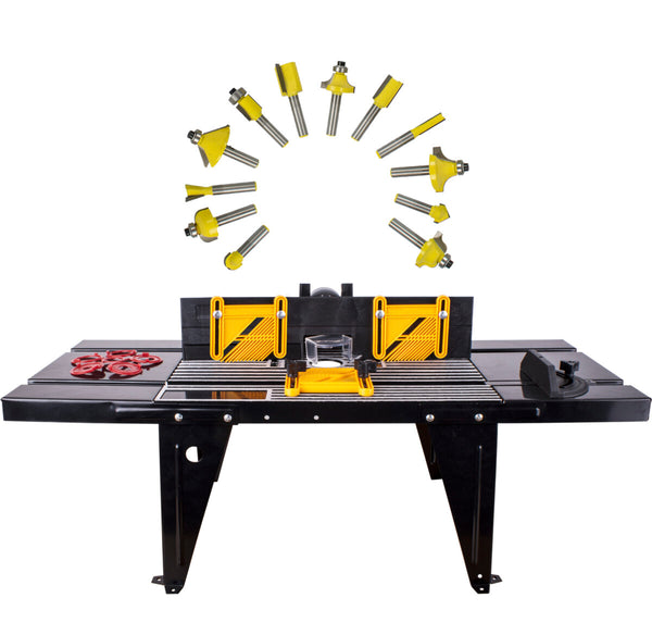 Router Table with Adjustable Fence and 12-Piece Router Bit Set. Yellow Woodworking Tool for Precise Shaping.