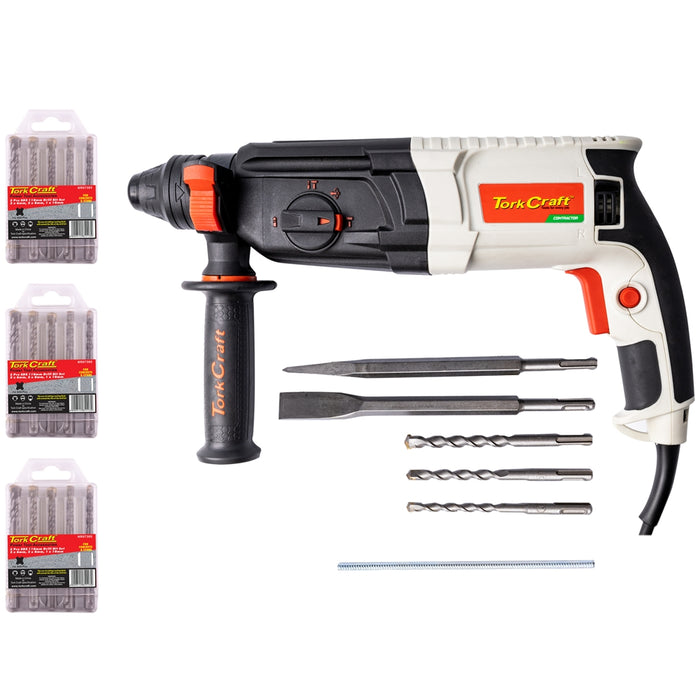 Tork Craft 800W SDS Rotary Hammer Kit with 3 x 5pc Drill Bit Sets - Powerful Drilling and Chiseling