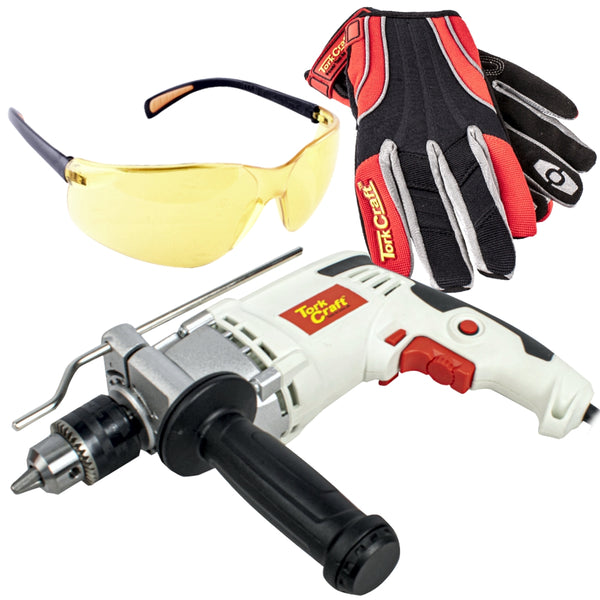 Tork Craft 13mm Drill, Safety Glasses, Mechanics Gloves Set. TCID0850, B5173, GL22 - Shop chavda.com